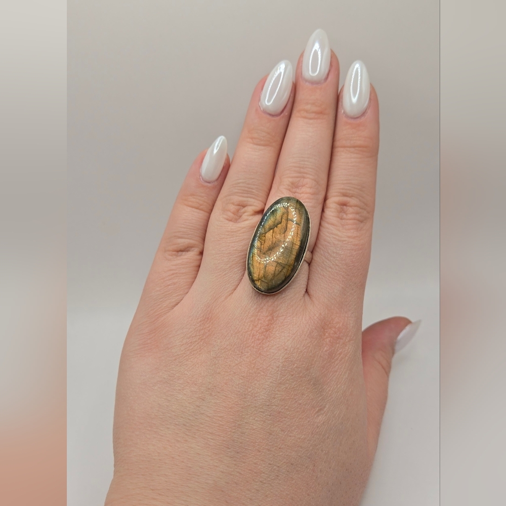 Amazing Golden Flash Natural Labradorite Sterling Silver Statement Ring
